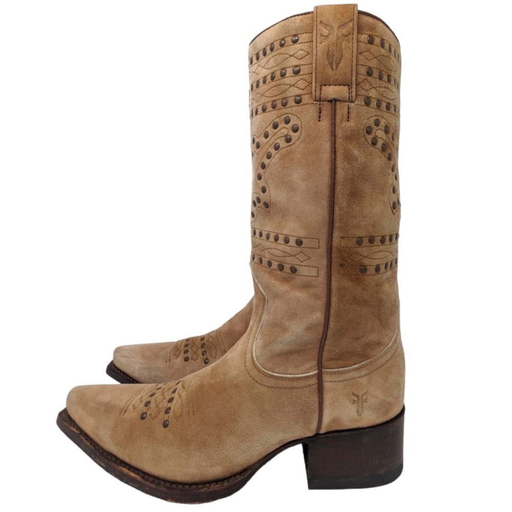 RARE Vintage FRYE Tall Suede Studded Taupe Brown Boots 9
